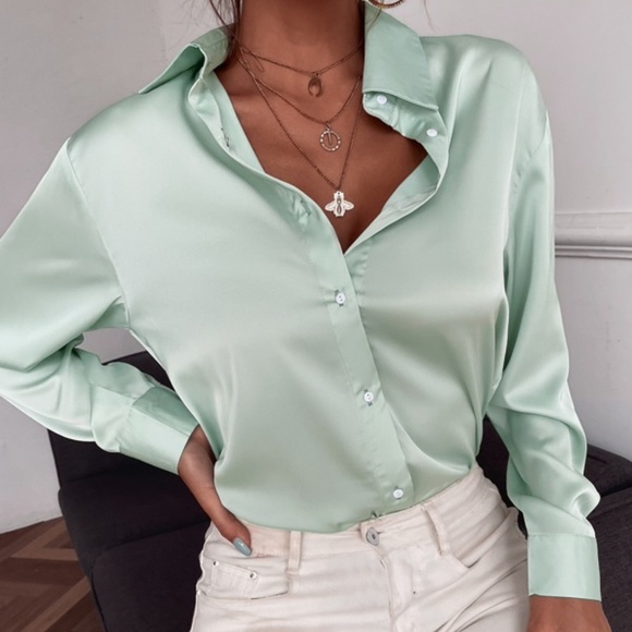 Satin mint Green silky button up Boyfriend Work - Picture 6 of 16